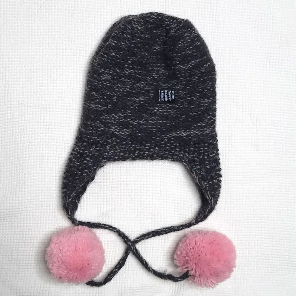ANDES GIFTS Hand Knit Beanie Girls OS Gray Pink 17% Alpaca Artisan Pompoms